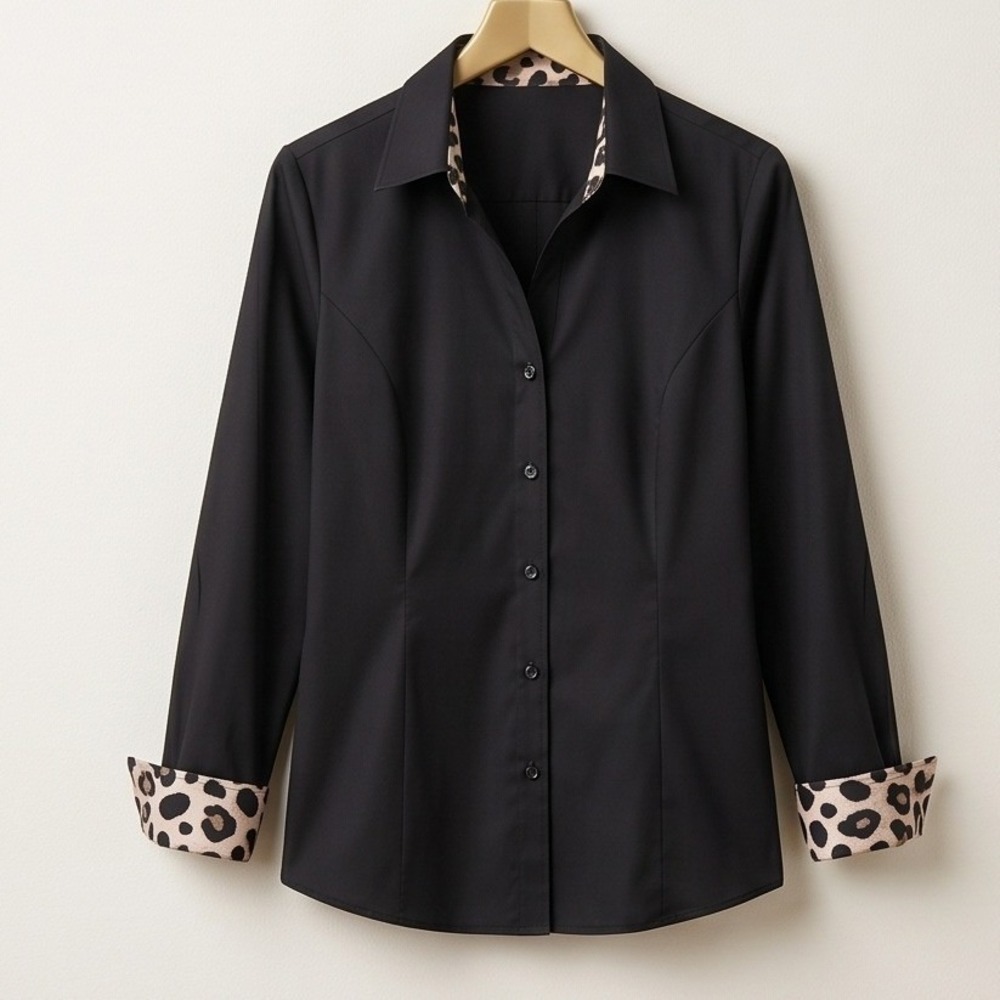 Lane Bryant 16 Black Leopard Print Trim Classic Button Down Shirt NWT